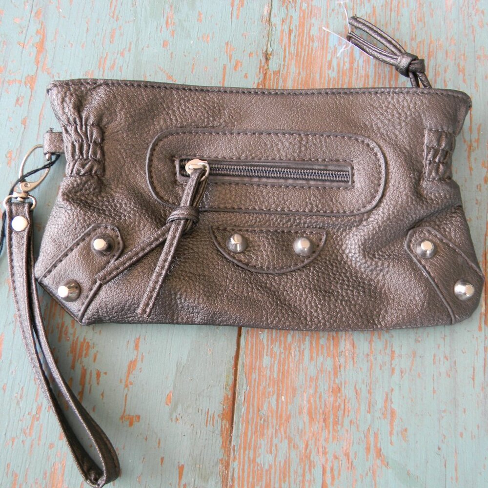 Metallic Pewter Studded Wristlet Clutch